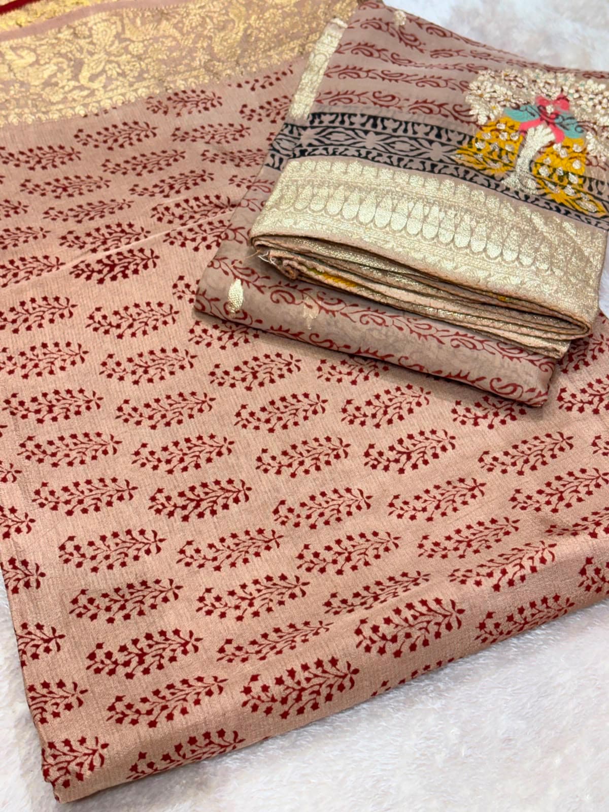 Original Bagh Print Mulberry Opada Silk Suit with Organza Dupatta — Piece 7