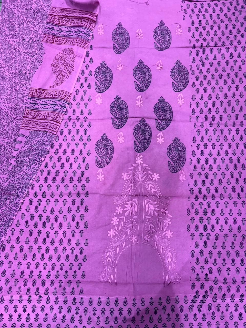 Bagh Print Cotton Suit with Lucknowi Embroidery — Piece 11