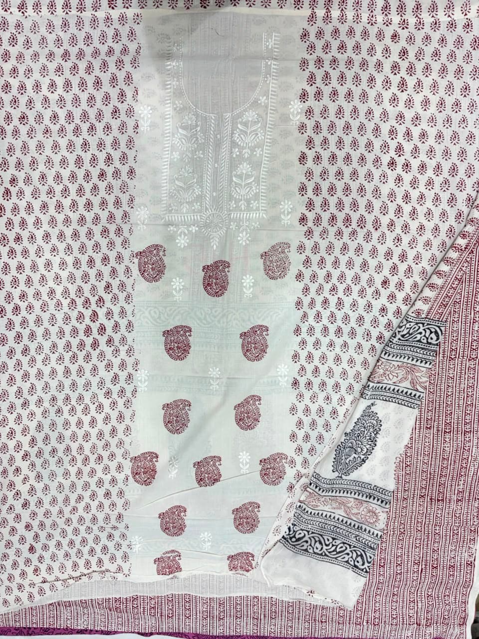 Bagh Print Cotton Suit with Lucknowi Embroidery — Piece 12