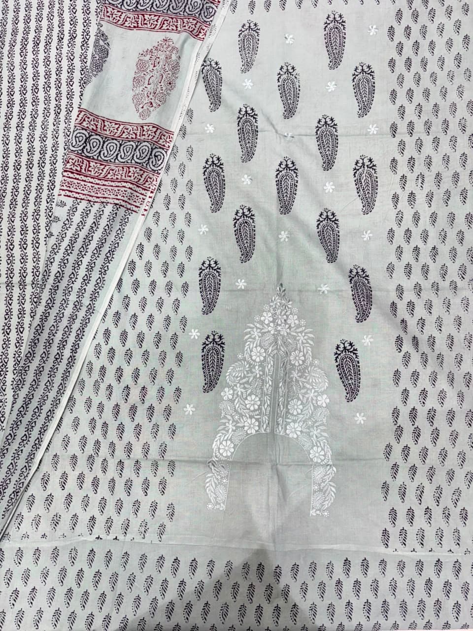 Bagh Print Cotton Suit with Lucknowi Embroidery — Piece 15