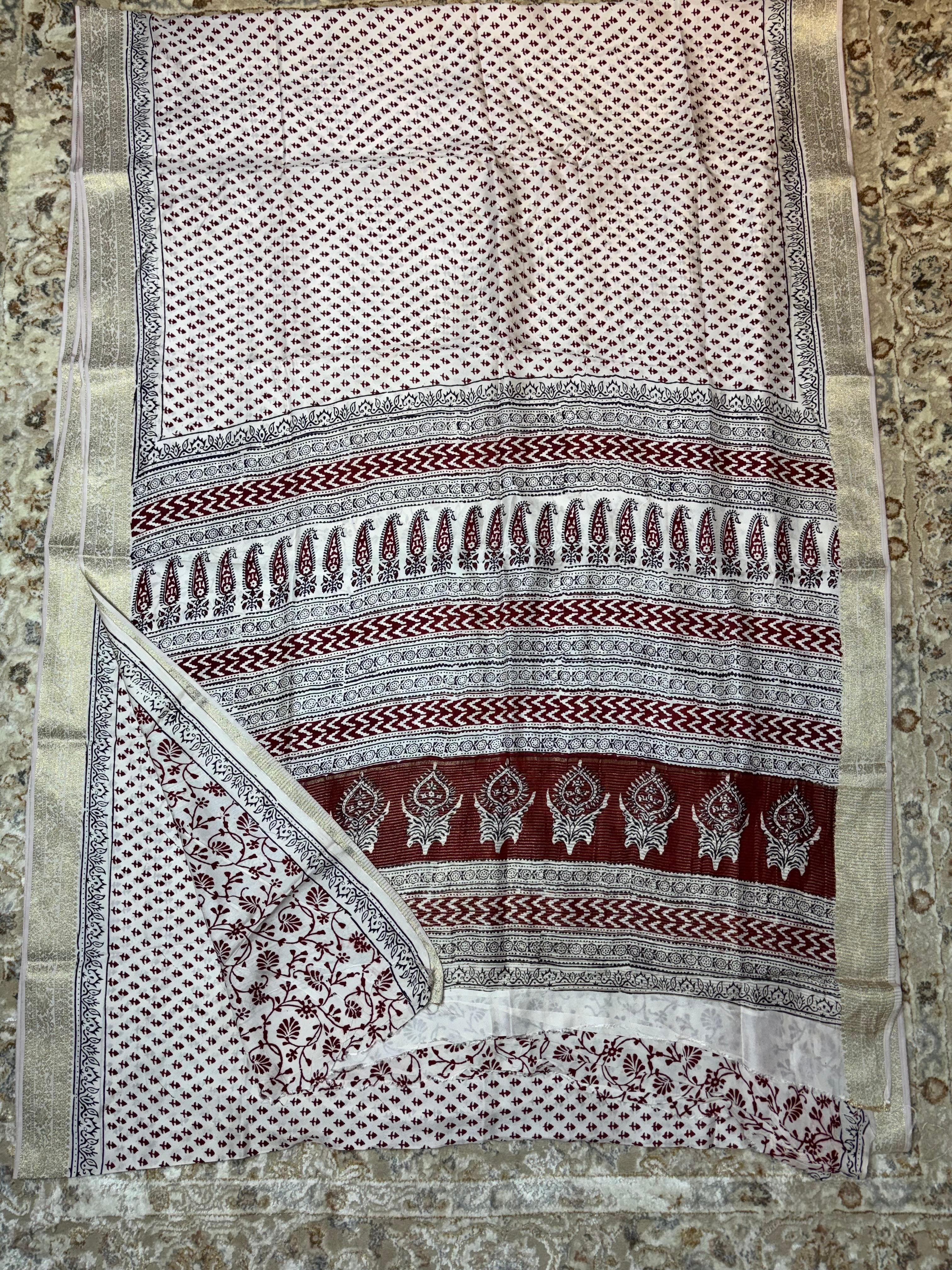 Baghprint Natural Crepe Saree with Zari Border — Piece 1