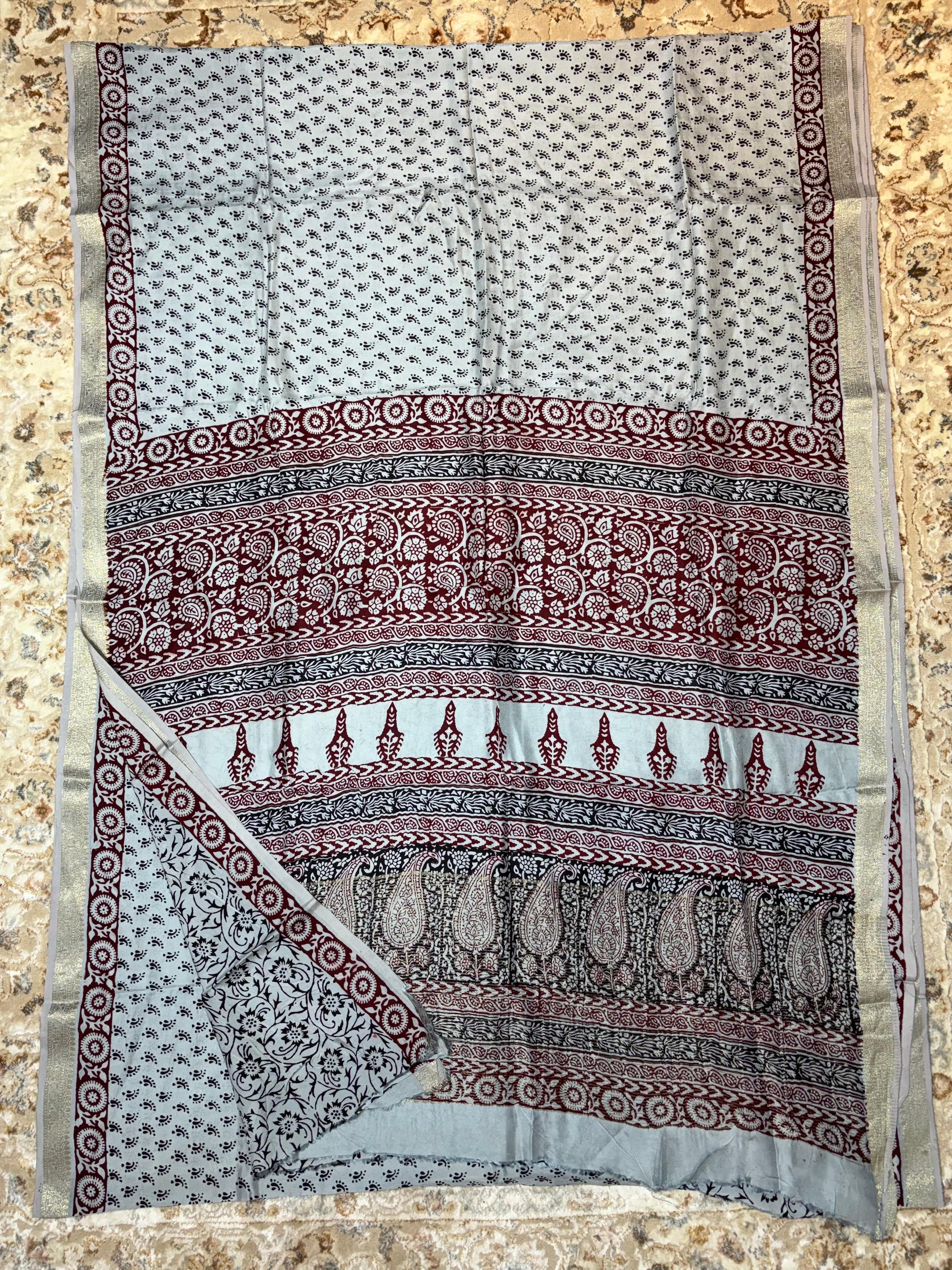 Baghprint Natural Crepe Saree with Zari Border — Piece 2