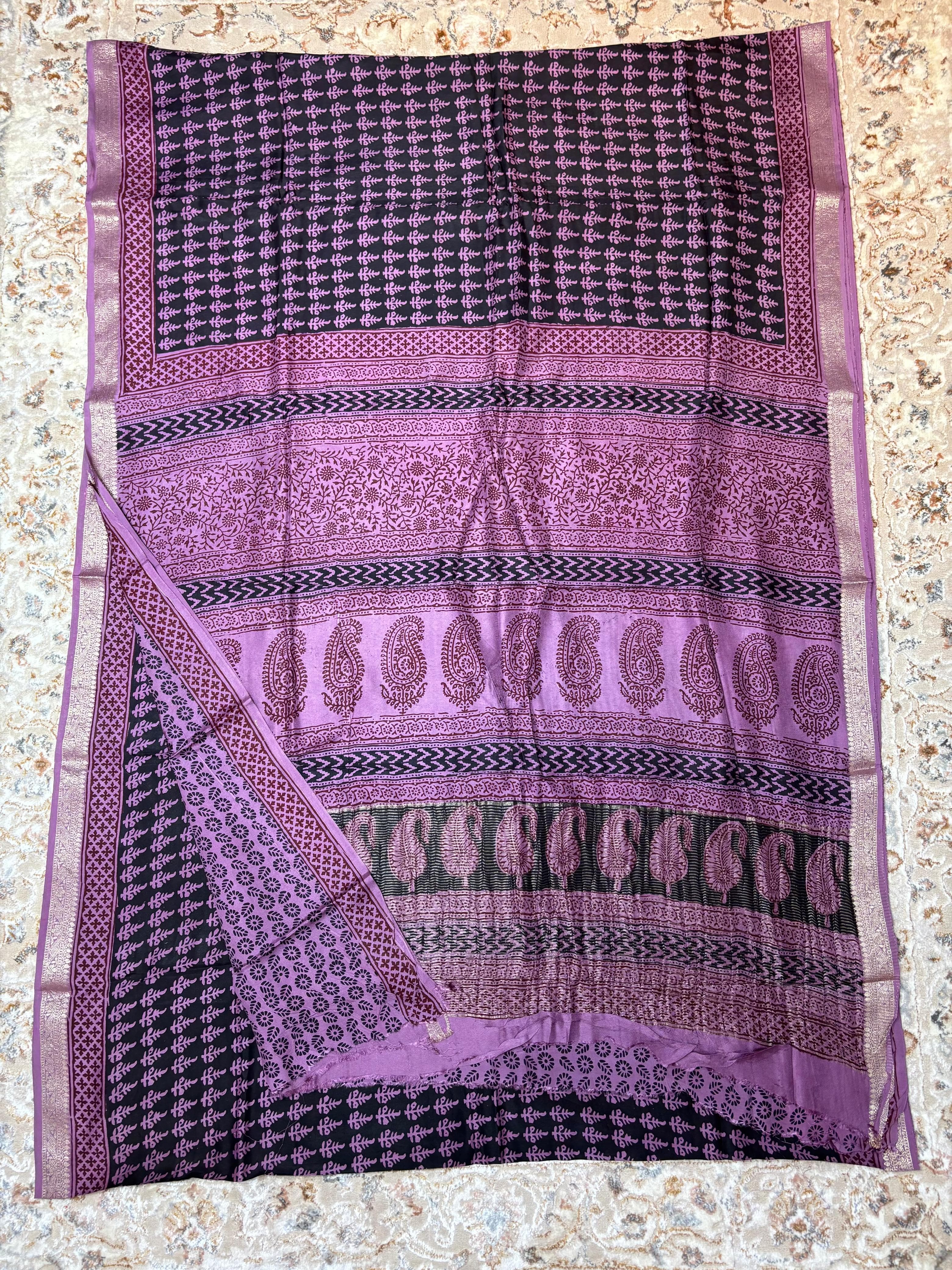 Baghprint Natural Crepe Saree with Zari Border — Piece 6
