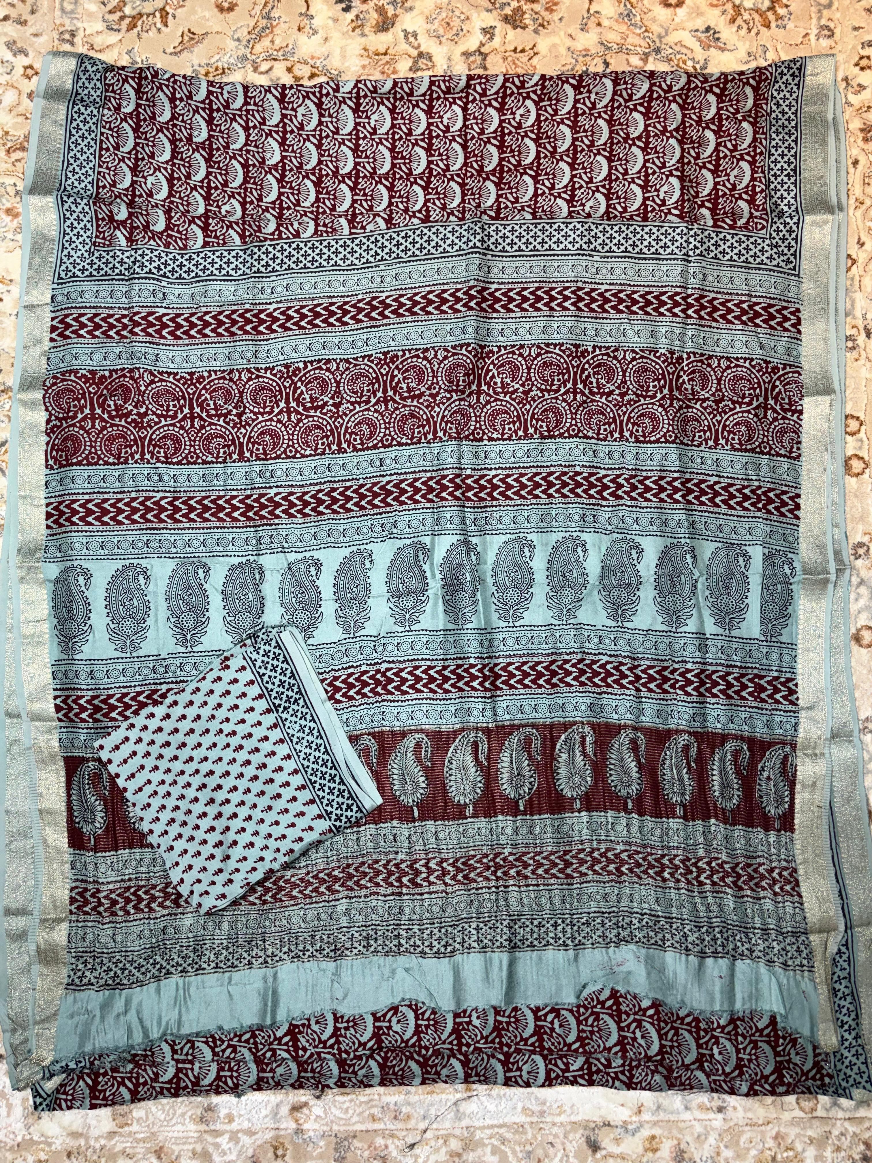 Baghprint Natural Crepe Saree with Zari Border — Piece 7