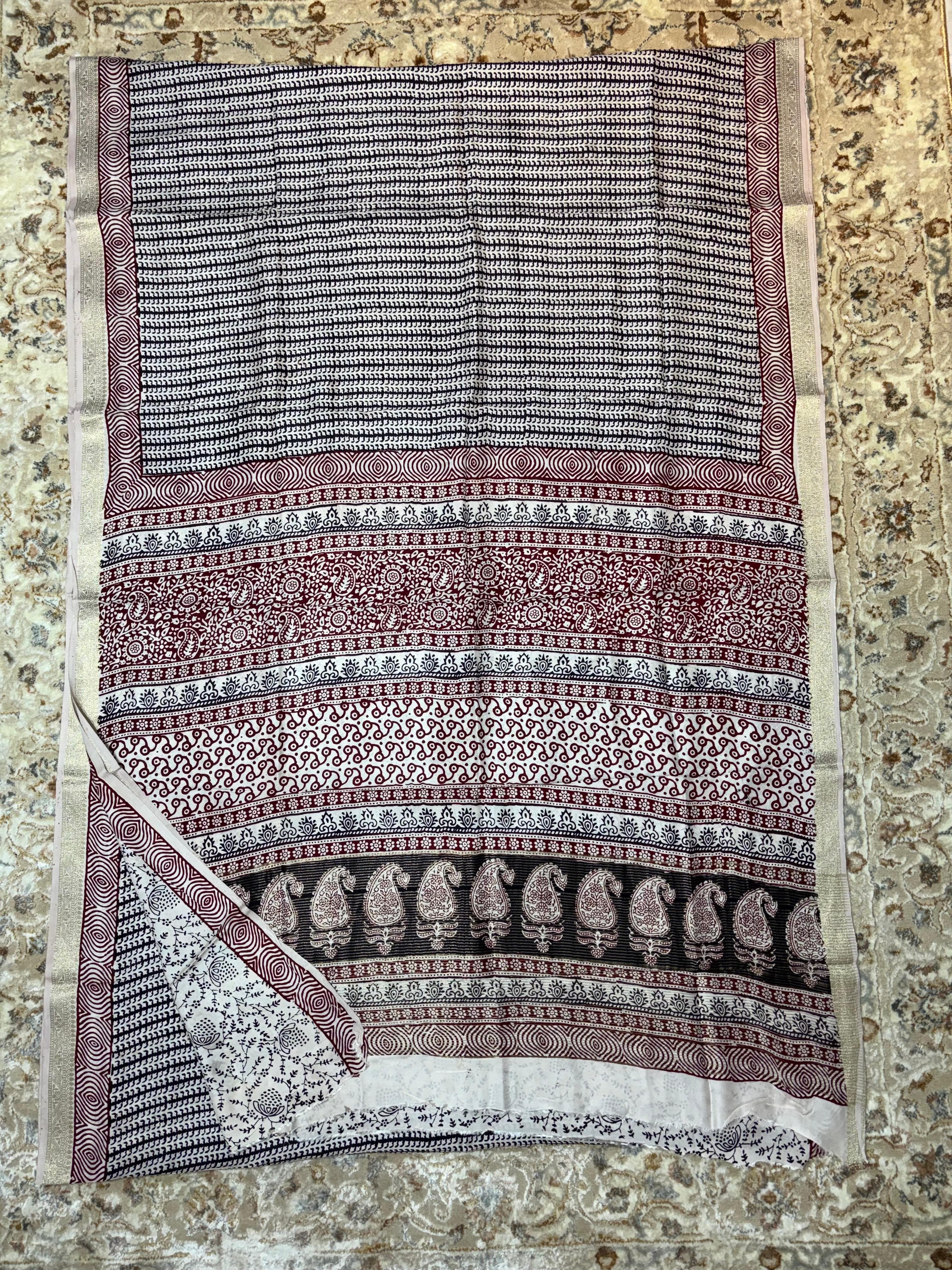 Baghprint Natural Crepe Saree with Zari Border — Piece 9