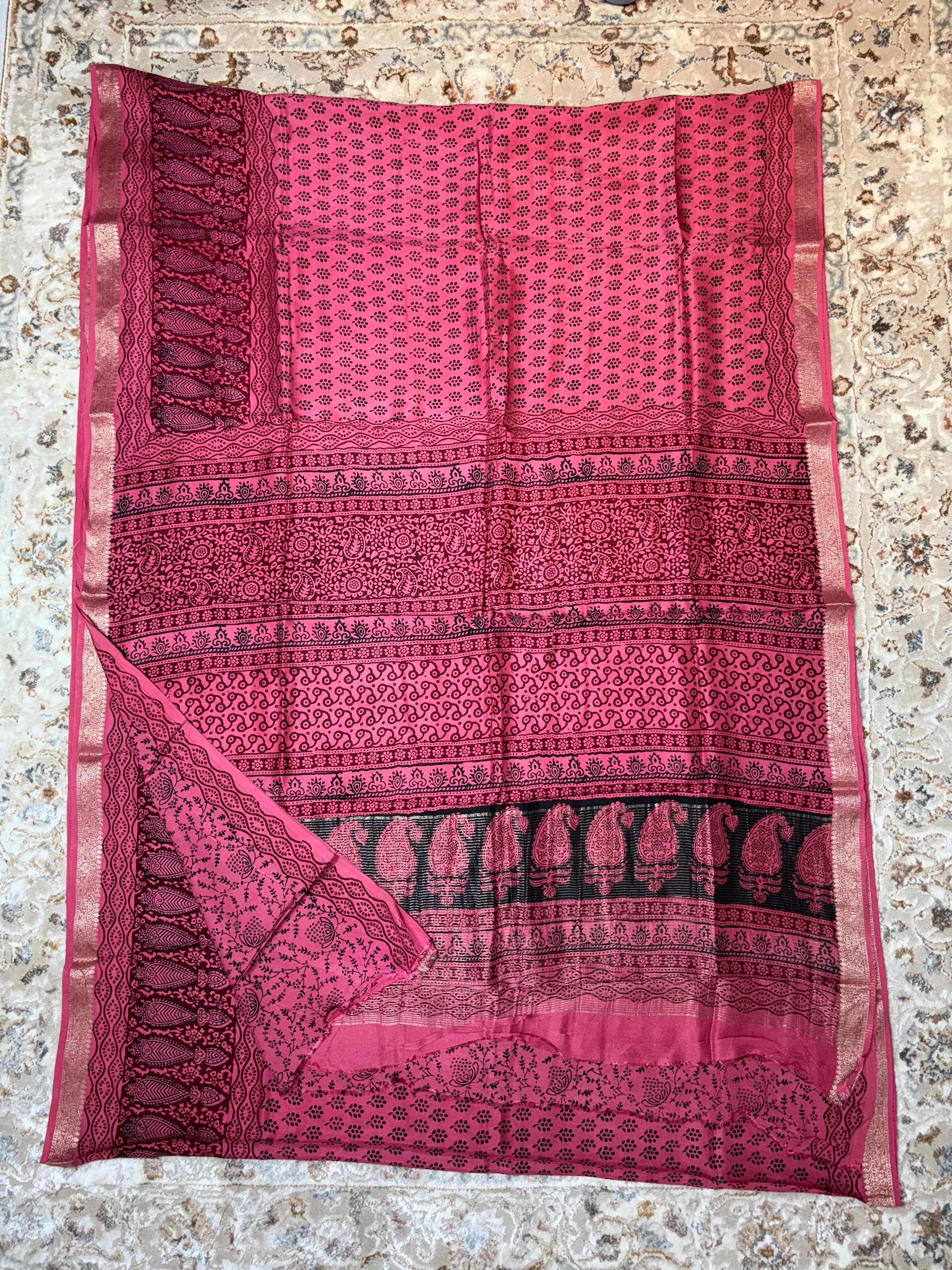 Baghprint Natural Crepe Saree with Zari Border — Piece 11