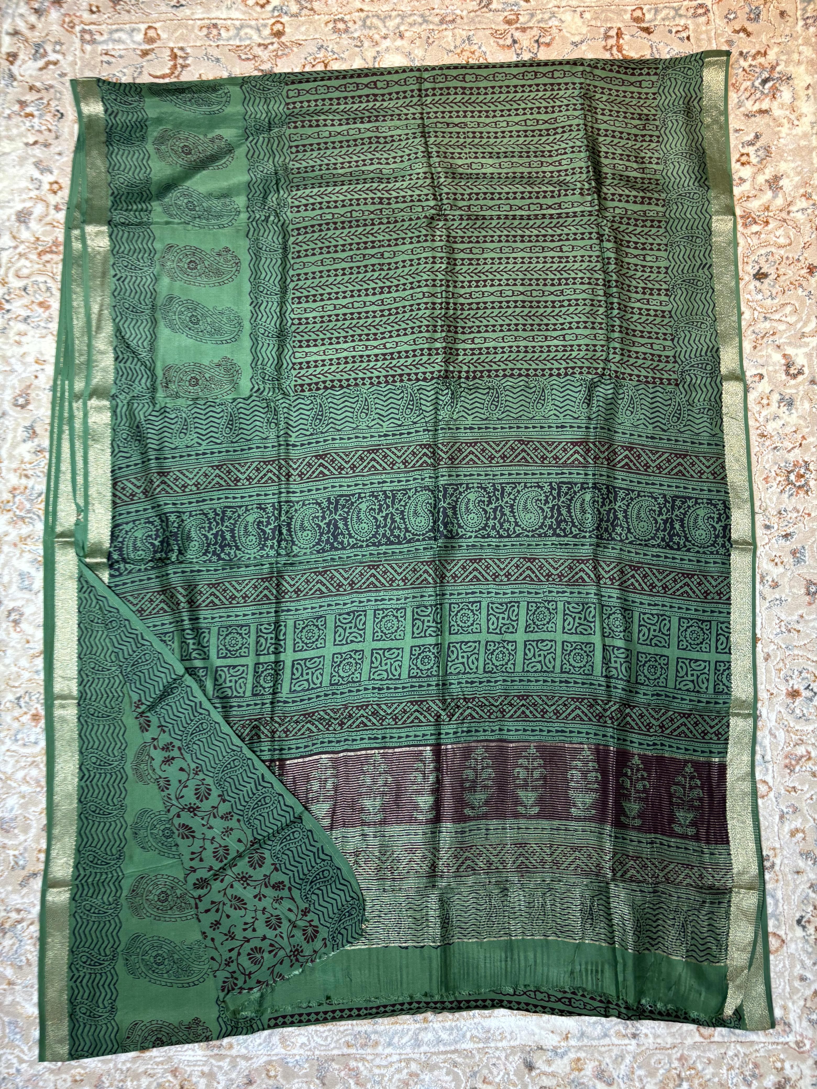 Baghprint Natural Crepe Saree with Zari Border — Piece 12