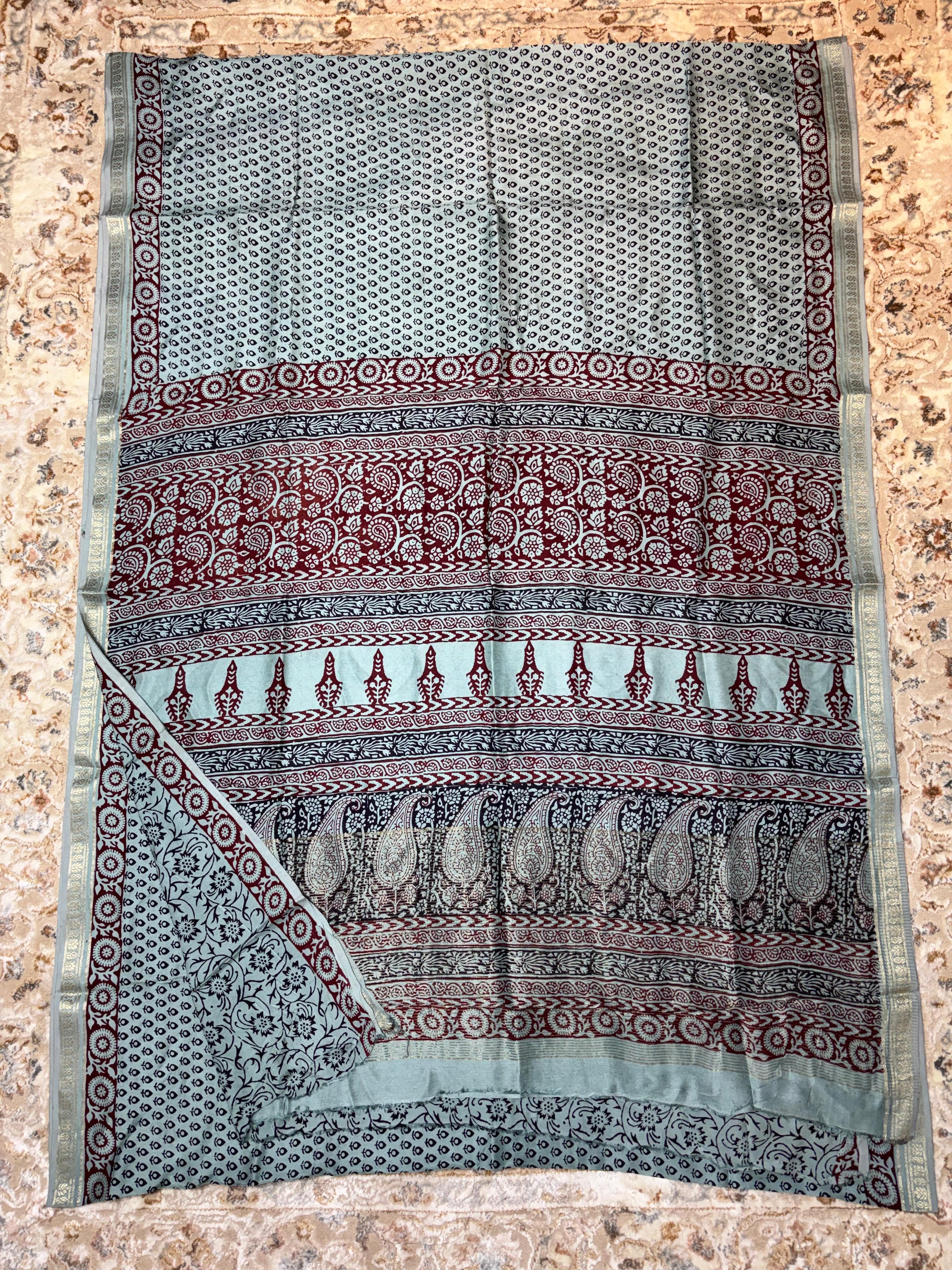 Baghprint Natural Crepe Saree with Zari Border — Piece 13