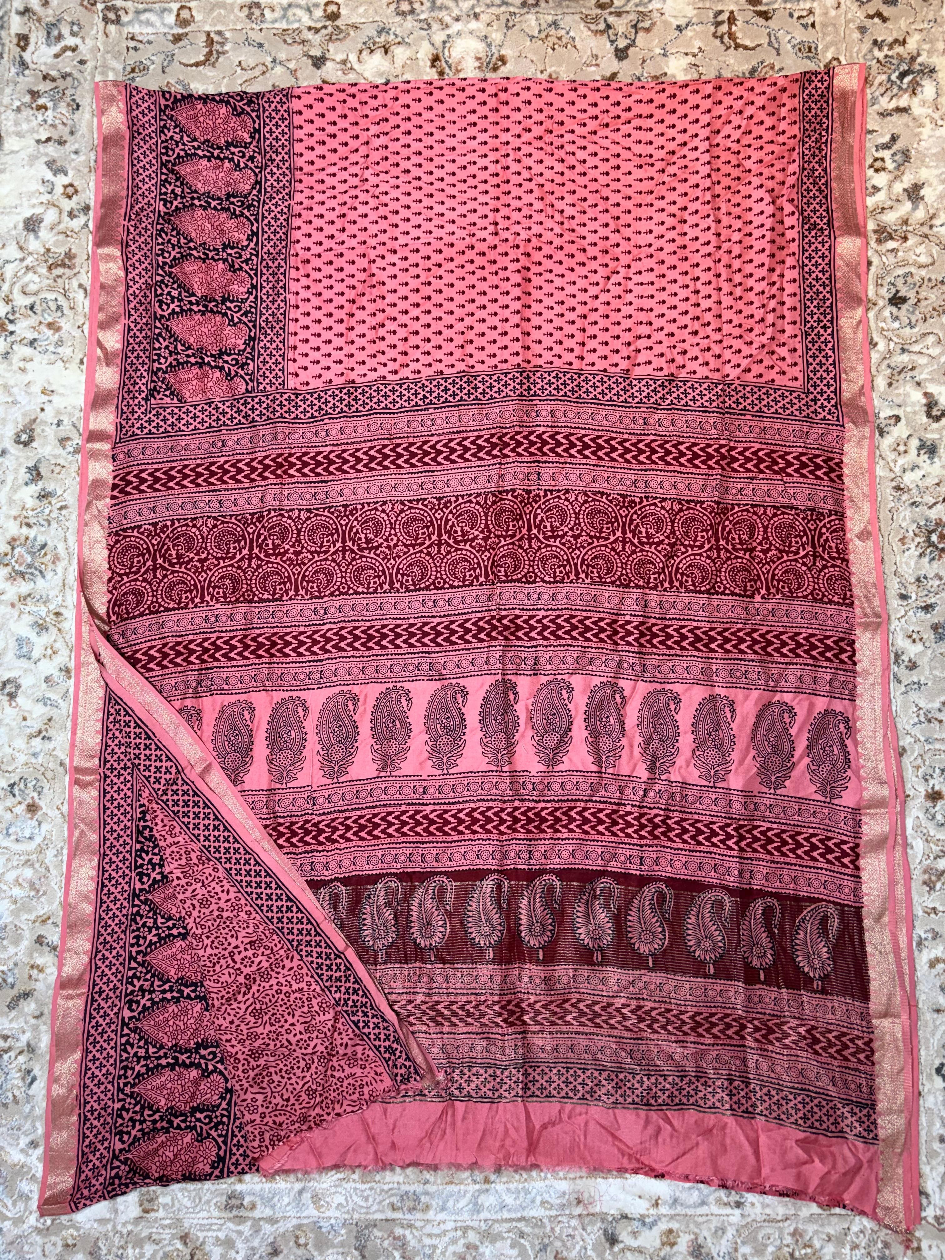 Baghprint Natural Crepe Saree with Zari Border — Piece 14