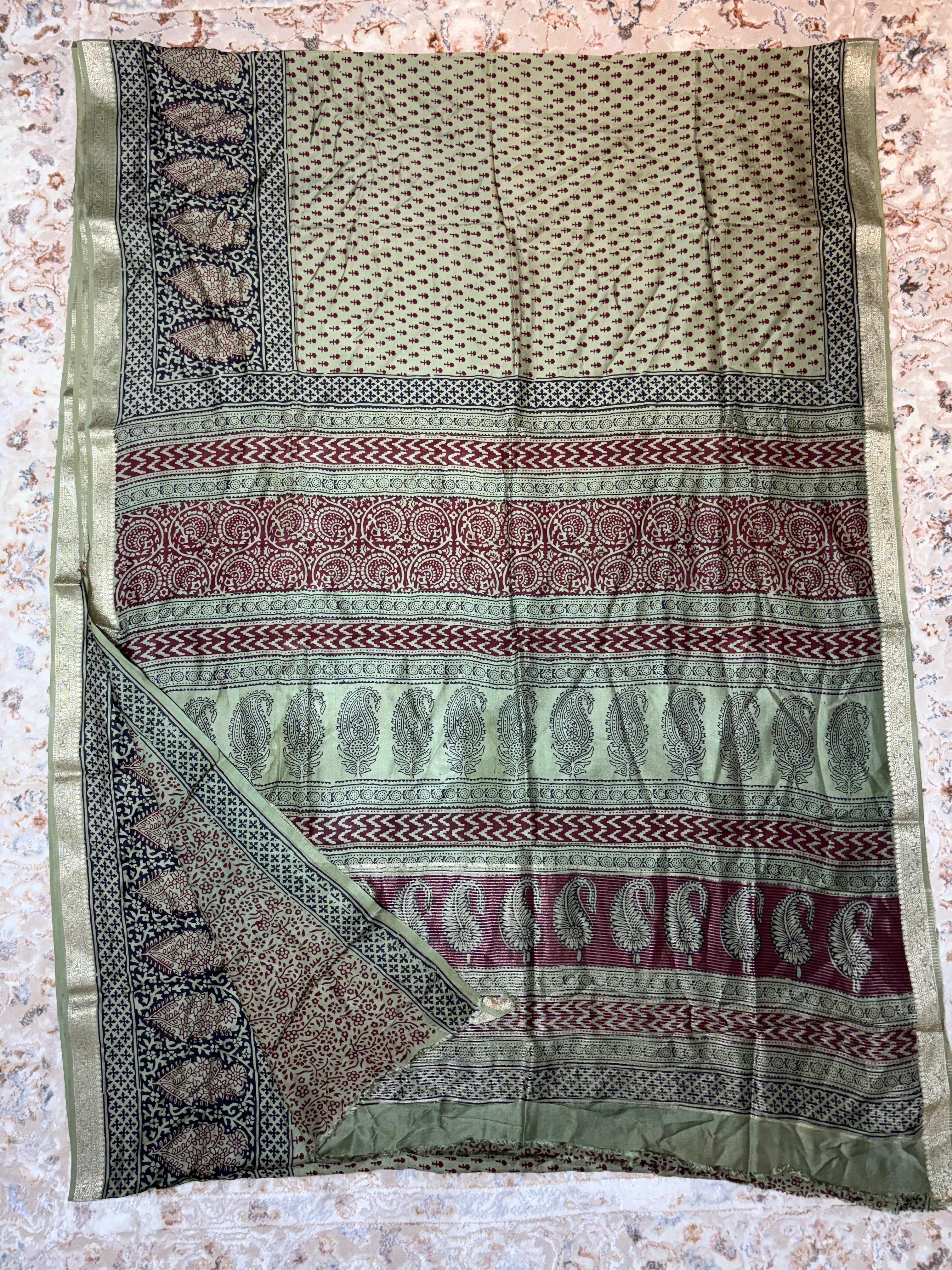 Baghprint Natural Crepe Saree with Zari Border — Piece 16